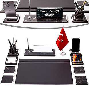 11 Parça Türk Bayraklı Mermer Desen Ahşap Sümen Takımı Masa İsimliği Deri Sümen Seti - Gümüş - isimliksepeti