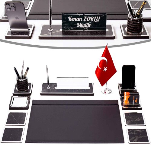 11 Parça Türk Bayraklı Mermer Desen Ahşap Sümen Takımı Masa İsimliği Deri Sümen Seti - Gümüş - isimliksepeti