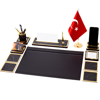 11 Parça Türk Bayraklı Mermer Desen Ahşap Sümen Takımı Masa İsimliği Deri Sümen Seti - 2