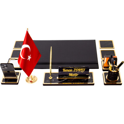 11 Parça Türk Bayraklı Mermer Desen Ahşap Sümen Takımı Masa İsimliği Deri Sümen Seti - 3
