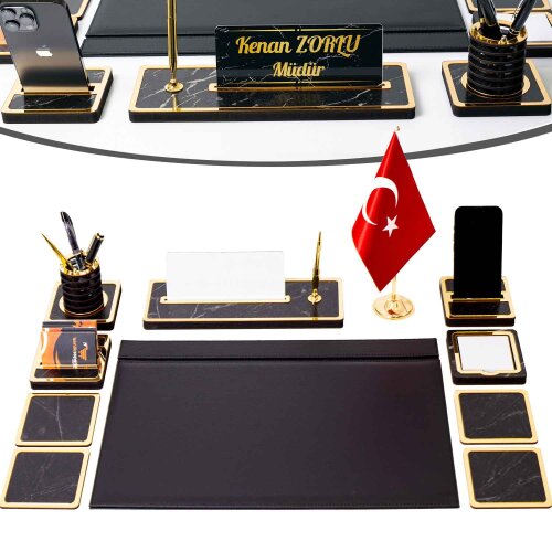 11 Parça Türk Bayraklı Mermer Desen Ahşap Sümen Takımı Masa İsimliği Deri Sümen Seti - isimliksepeti