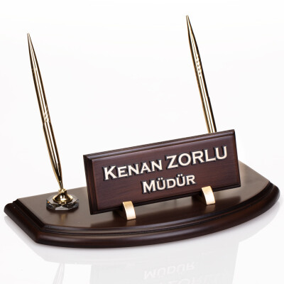 Çift Kalemli Ahşap Masa İsimliği Ofis Hediyesi Masaüstü İsimlik - 1