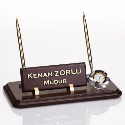 Çift Kalemli Ahşap Masa İsimliği Saatli Ofis Hediye Masa İsimlik - 1