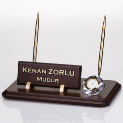 Çift Kalemli Ahşap Masa İsimliği Saatli Ofis Hediye Masa İsimlik - 2