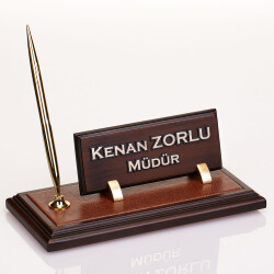 Deri Zeminli Ahşap Masa İsimliği Makam Hediye Ofis Masa İsimlik - 1