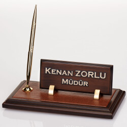 Deri Zeminli Ahşap Masa İsimliği Makam Hediye Ofis Masa İsimlik - 2