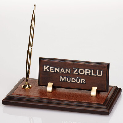 Deri Zeminli Ahşap Masa İsimliği Makam Hediye Ofis Masa İsimlik - 2