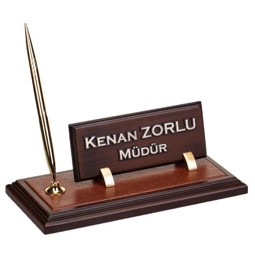Deri Zeminli Ahşap Masa İsimliği Makam Hediye Ofis Masa İsimlik - isimliksepeti