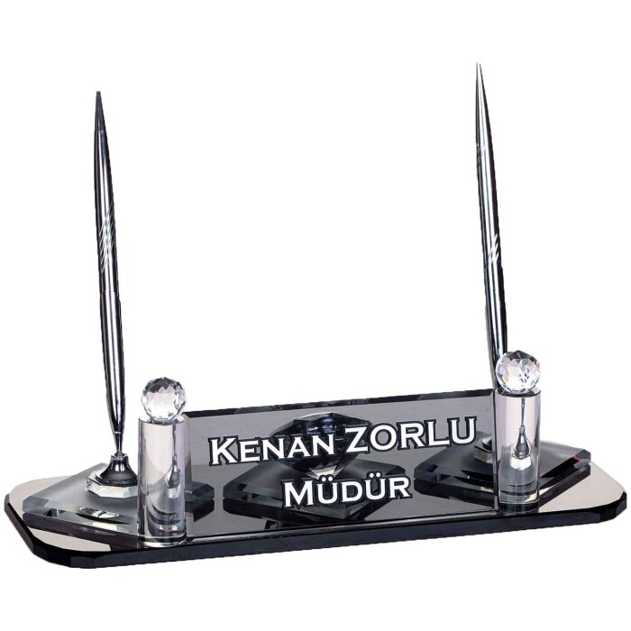 Ege Kristal Masa İsimliği Hediye Ofis Büro Masa İsimlik Gümüş - 1