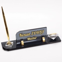 Kalemli ve Saatli Ofis Kristal Masa İsimliği İş Hediyesi İsimlik - 2