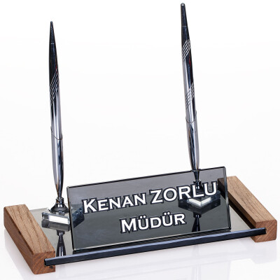 Lizbon Kristal Masa İsimliği Hediye Ahşap Ofis Masaüstü İsimlik - 1