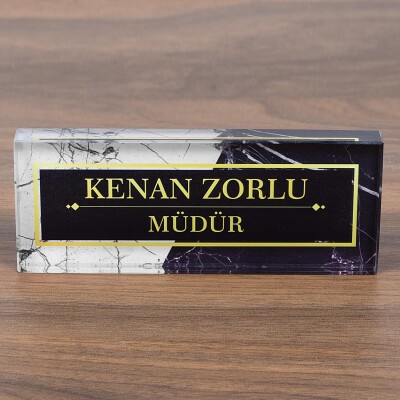 Mermer Desenli Kristal Masa İsimliği Ofis Hediye Masaüstü İsimlik - 3
