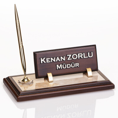 Mermer Zeminli Ahşap Masa İsimliği Hediye Ofis Masaüstü İsimlik - 1