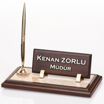 Mermer Zeminli Ahşap Masa İsimliği Hediye Ofis Masaüstü İsimlik - 2