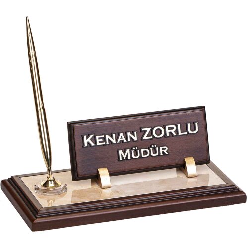 Mermer Zeminli Ahşap Masa İsimliği Hediye Ofis Masaüstü İsimlik - isimliksepeti