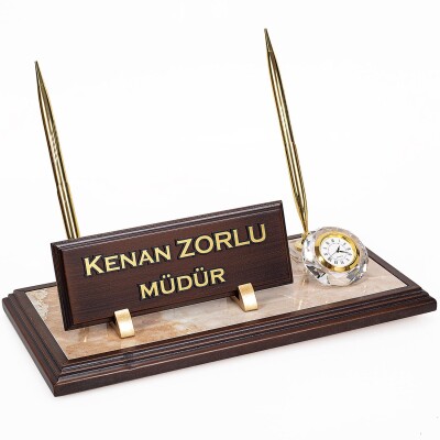 Mermer Zeminli Çift Kalemli Masa İsimlik Ahşap Masa İsimliği - 1