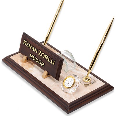 Mermer Zeminli Çift Kalemli Masa İsimlik Ahşap Masa İsimliği - 2