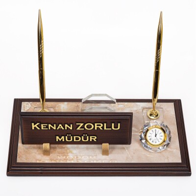 Mermer Zeminli Çift Kalemli Masa İsimlik Ahşap Masa İsimliği - 3