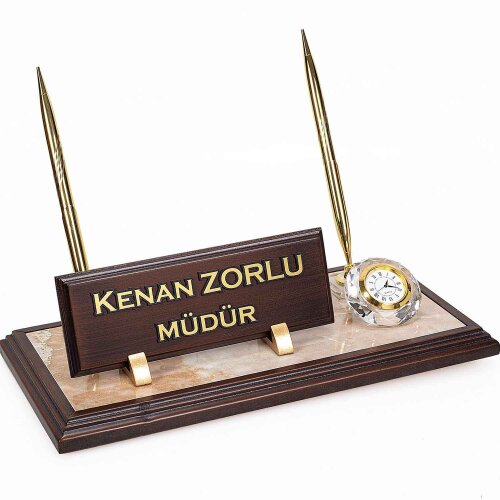 Mermer Zeminli Çift Kalemli Masa İsimlik Ahşap Masa İsimliği - isimliksepeti