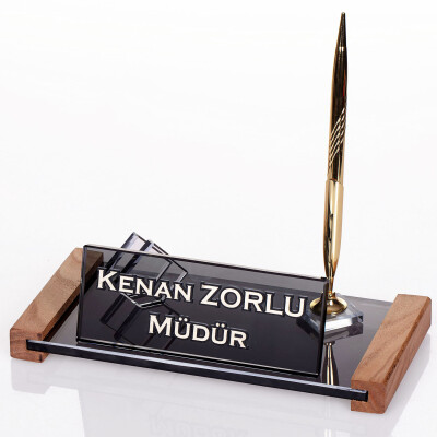 Safir Kristal Masa İsimliği Hediye Ahşap Ofis Masaüstü İsimlik - 1