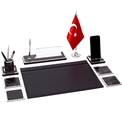 Star Bayraklı Mermer Desenli Ahşap Sümen Takımı Deri Sümen Seti Masa İsimliği - Gümüş - 2