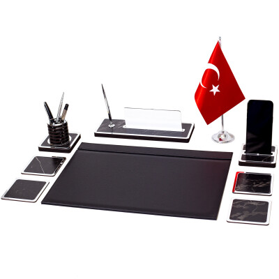Star Bayraklı Mermer Desenli Ahşap Sümen Takımı Deri Sümen Seti Masa İsimliği - Gümüş - 3