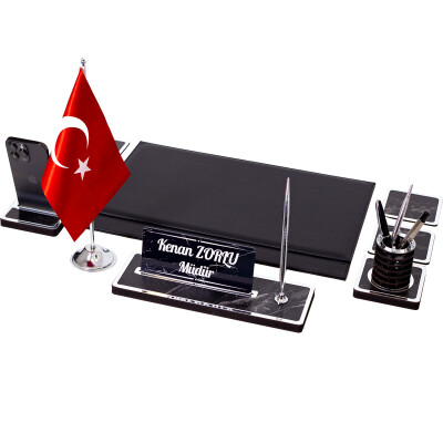 Star Bayraklı Mermer Desenli Ahşap Sümen Takımı Deri Sümen Seti Masa İsimliği - Gümüş - 4