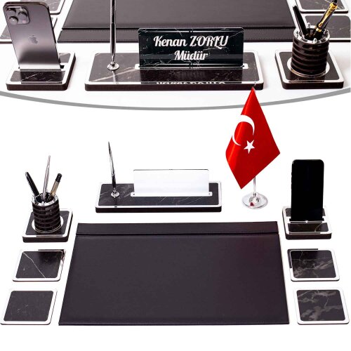 Star Bayraklı Mermer Desenli Ahşap Sümen Takımı Deri Sümen Seti Masa İsimliği - Gümüş - isimliksepeti