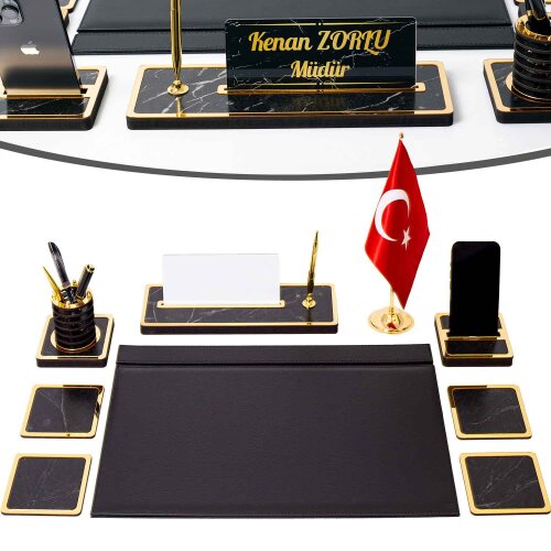 Star Bayraklı Mermer Desenli Ahşap Sümen Takımı Deri Sümen Seti Masa İsimliği - isimliksepeti
