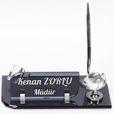 Vals Masa İsimliği Gümüş Dünyalı Ofis Hediye Kristal İsimlik - 1
